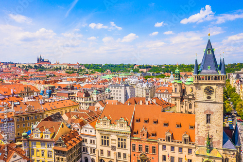 Wallpaper Mural A stunning aerial view of the Old Town Hall and Astronomical Clock in Prague, Czech Republic, showcasing its historic architecture, red rooftops, and the beautiful cityscape of this UNESCO-listed town Torontodigital.ca