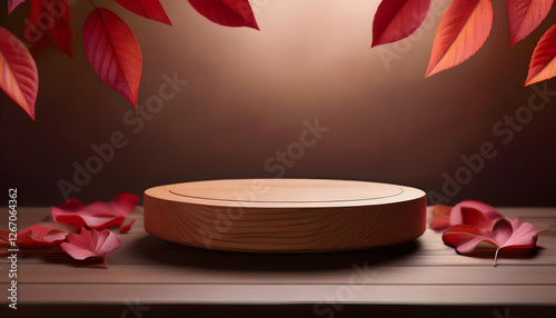 A warm, autumn-inspired wooden podium surrounded by vibrant red and orange leaves, perfect for seasonal product presentations.