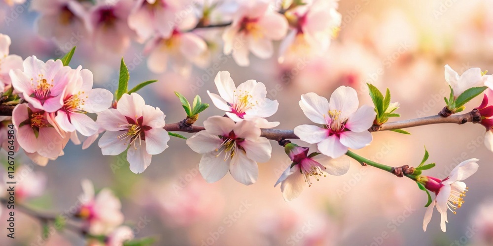 Delicate Pink Blossoms on a Branch in Soft Golden Light, a Symbol of Springtime Renewal and Natural Beauty Delicate Pink Blossoms on a Branch in Soft Golden Light, a Symbol of Springtime Renewal and Natural Beauty