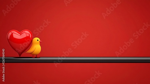 Cute yellow bird playfully rests near a large red heart against a vibrant red background. AI Generated