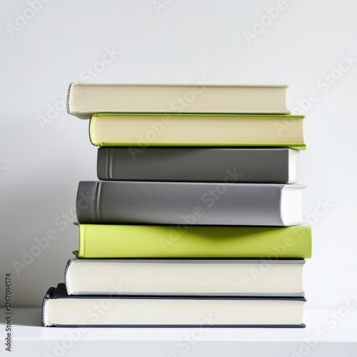 Stacked hardbound books in neutral colors on a shelf against a white background. Generative AI