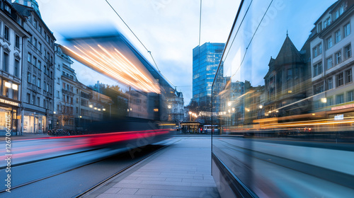 A blurry image of a city street with a red and black train passing by