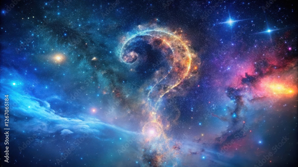 Obraz premium Cosmic Enigma A Celestial Question Mark Formed by Nebulae and Stardust in a Vast, Star-Filled Expanse