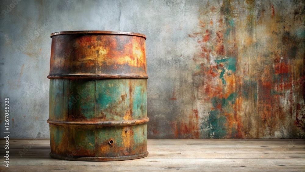 Rustic Aged Metal Barrel Against a Textured Wall Background Rustic Aged Metal Barrel Against a Textured Wall Background
