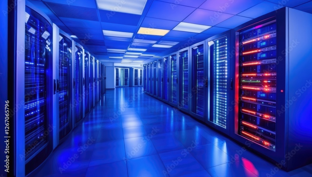 Data center hallway, servers glowing, network infrastructure, technology, blue lighting