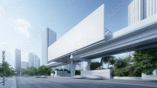 A large white billboard is on a bridge over a busy street