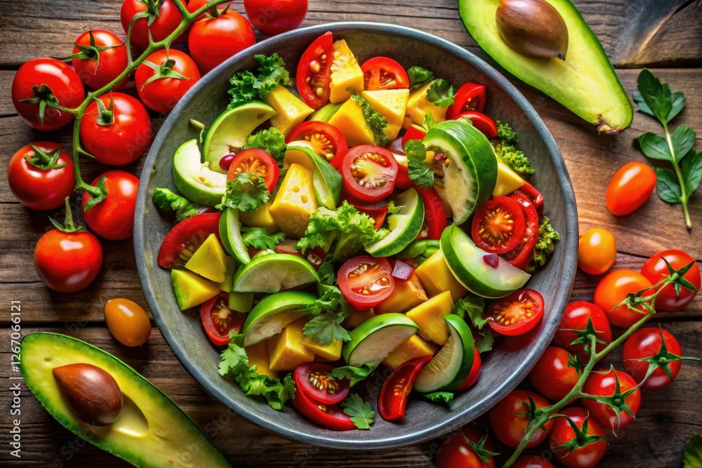 Stunning aerial view: a simple yet delicious avocado, tomato, onion, and chili salad recipe awaits. Stunning aerial view: a simple yet delicious avocado, tomato, onion, and chili salad recipe awaits.