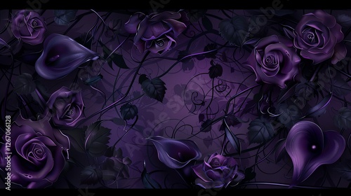 Dark, romantic illustration of purple roses and leaves against a purple background.