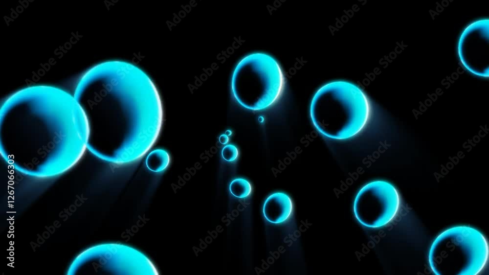 Vibrant blue bubbles ascend through a dark background, illuminated by beams of light, creating a captivating and serene visual experience. Video 4k, motion design