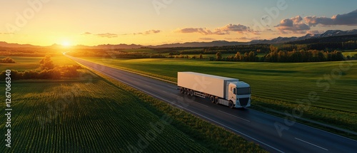 Truck driving on highway at sunset with delivery cargo trucks in motion on the road
