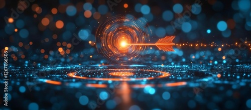 A digital arrow with a glowing tip in the center of a blue target on a dark background. This concept represents the theme of business goal achievement or success.