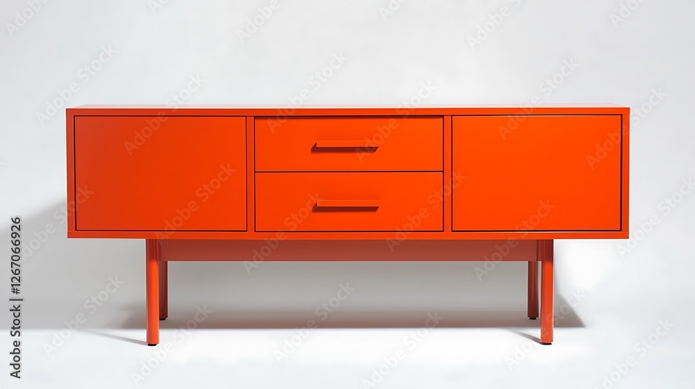 A red cabinet with two drawers sits on a white background