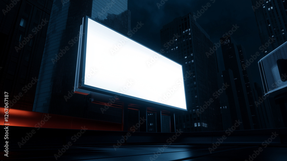 A large white billboard is in the middle of a city at night A large white billboard is in the middle of a city at night