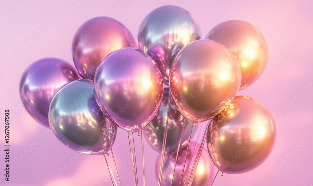 A cluster of shiny metallic balloons in pastel colors floating against a soft pink sky A cluster of shiny metallic balloons in pastel colors floating against a soft pink sky