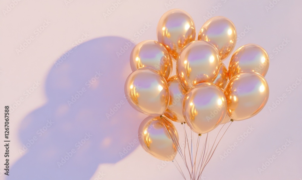 A cluster of shiny golden balloons floating against a soft pastel background, casting shadows A cluster of shiny golden balloons floating against a soft pastel background, casting shadows