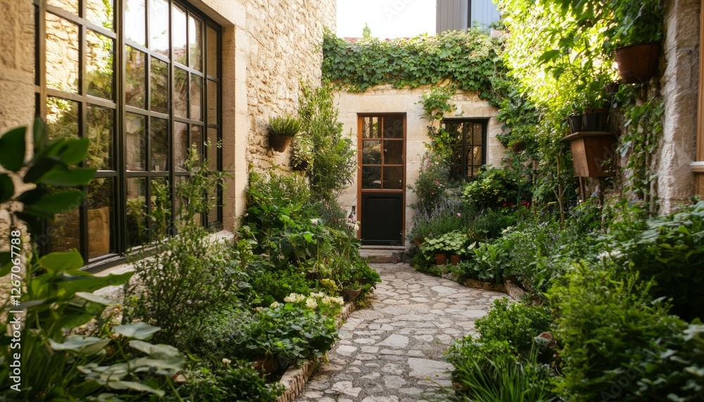 Fototapeta premium Picturesque courtyard garden, stone wall, door background, for travel article