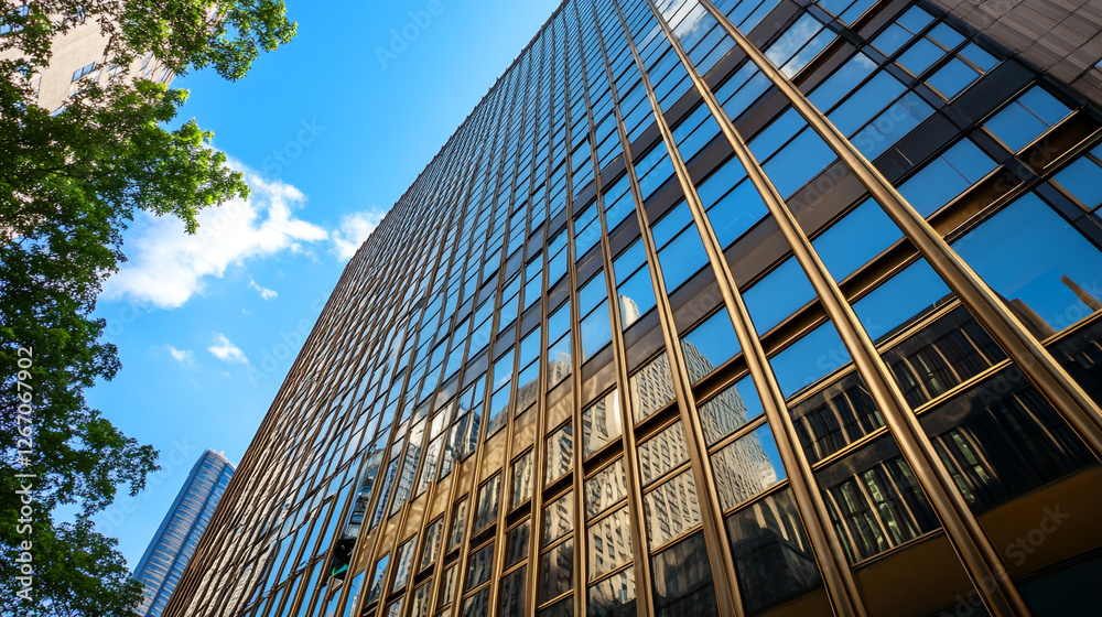 Reflections of a vibrant city captured in glass and steel during a sunny afternoon