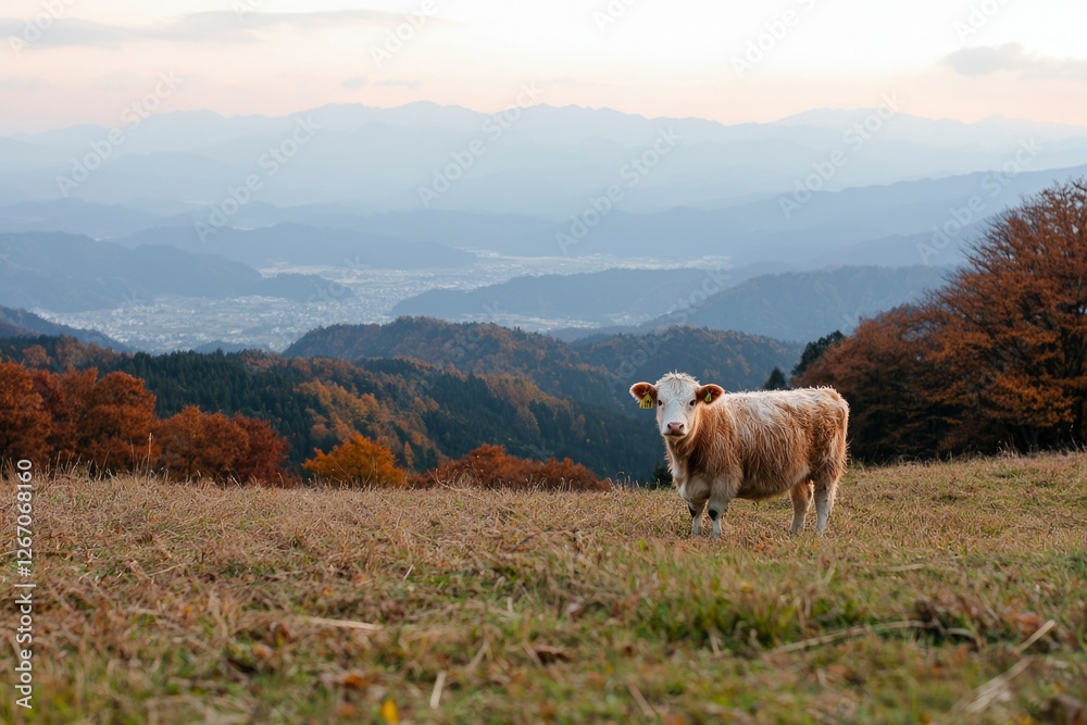 Obraz premium Cow grazes grassy hill with mountain range, at sunset. Nature scene use