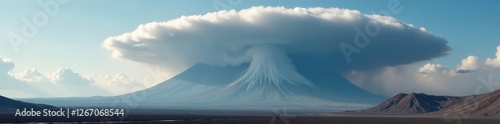 A colossal volcanic ash cloud billows through the sky, shrouding the surrounding landscape in a thick grey haze, cloud, ashfall, weather
