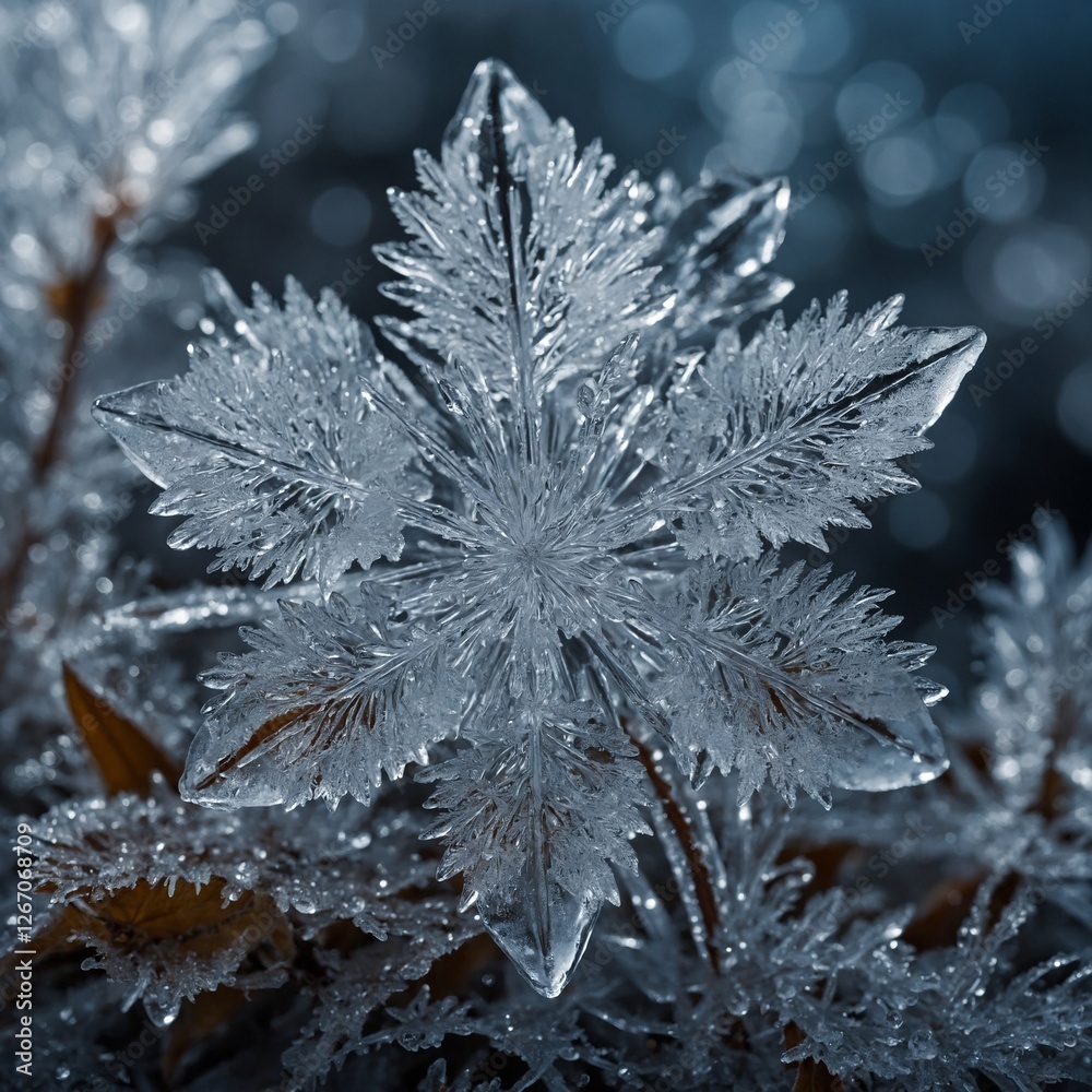 A breathtaking ice-crystal flower with shimmering frost and delicate water droplets. A breathtaking ice-crystal flower with shimmering frost and delicate water droplets.