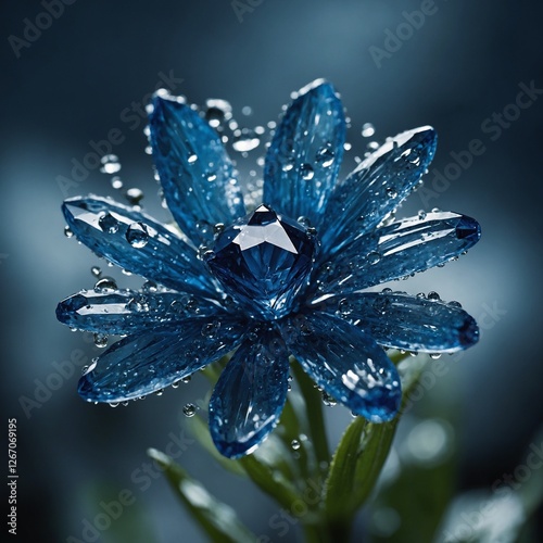 A mesmerizing sapphire-blue crystal flower with dewdrops glistening like diamonds.