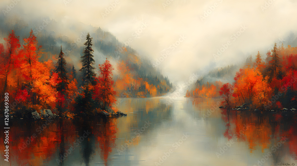 Fototapeta premium Autumn's Embrace: A breathtaking landscape painting captures a serene lake reflecting the vibrant hues of autumn, with mist-covered mountains in the background and a sense of tranquility.