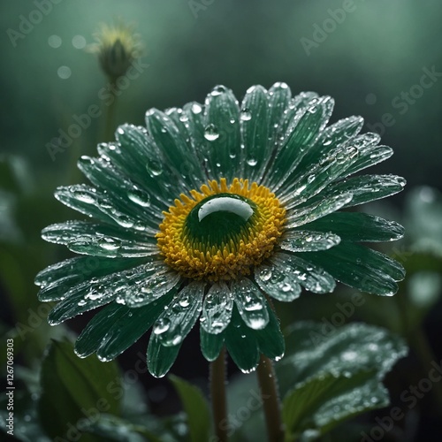 A breathtaking emerald crystal daisy with morning mist and shimmering droplets.
