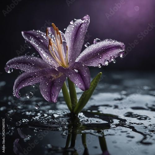 An elegant amethyst crystal lily with fresh water drops on its delicate petals.