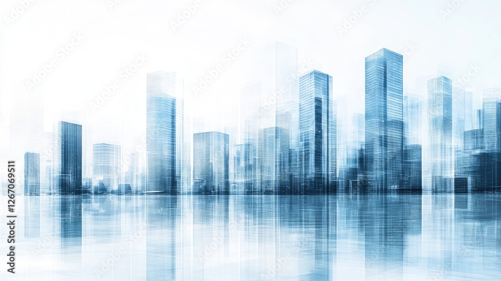 A business skyline silhouette with a sleek, high-tech, glass-like reflection. A business skyline silhouette with a sleek, high-tech, glass-like reflection.