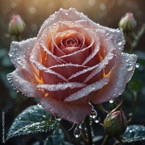 A stunning crystal rose covered in delicate water droplets, sparkling in soft morning light.