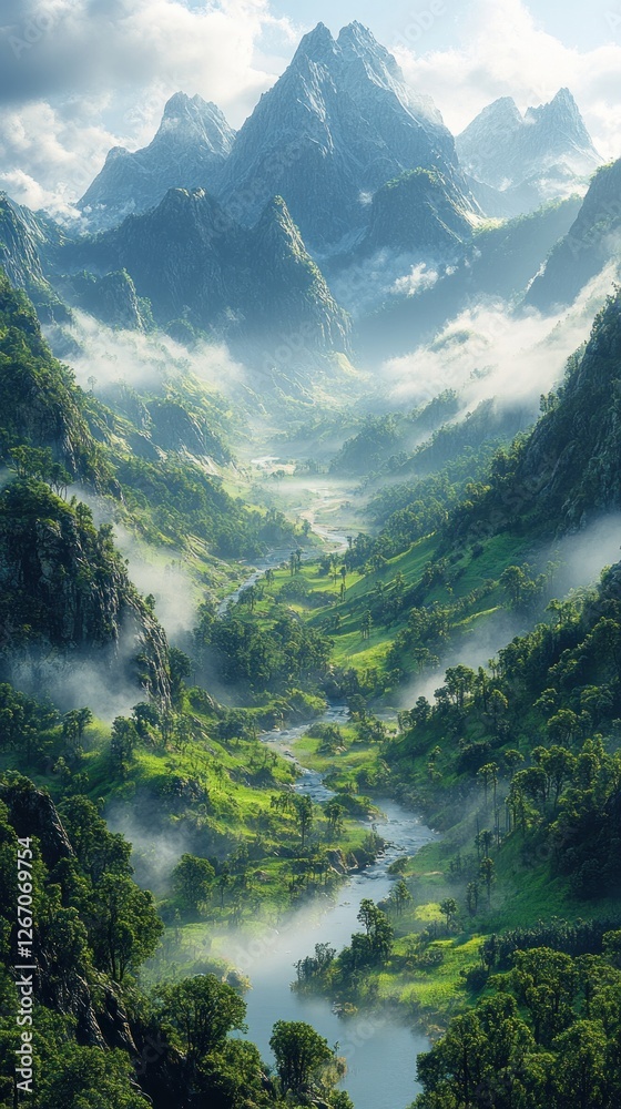Misty Mountain Valley River Scene Misty Mountain Valley River Scene