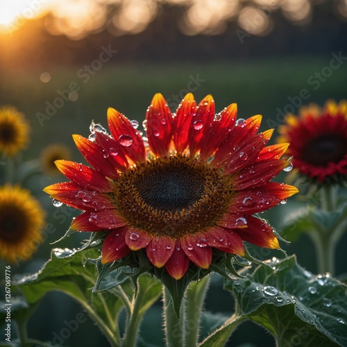 A glowing ruby-red crystal sunflower with twinkling dewdrops, reflecting the sunrise.