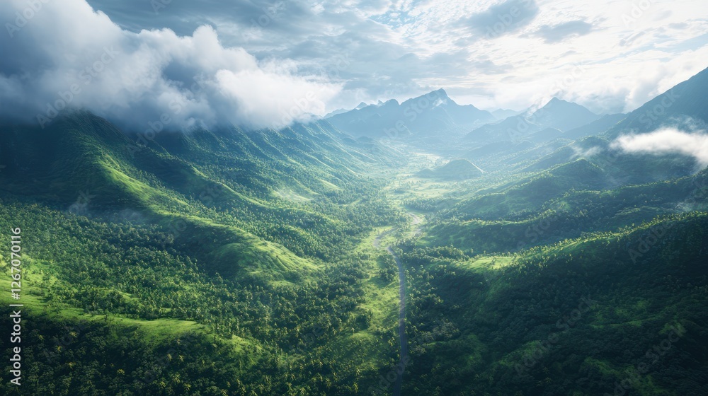 Majestic Mountain Valley: A Breathtaking Aerial View of Lush Green Landscape Majestic Mountain Valley: A Breathtaking Aerial View of Lush Green Landscape