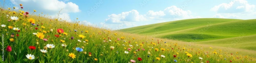 A rolling hillside with wildflowers swaying in the breeze, grassland scenery, colorful blooms, wildflower field A rolling hillside with wildflowers swaying in the breeze, grassland scenery, colorful blooms, wildflower field