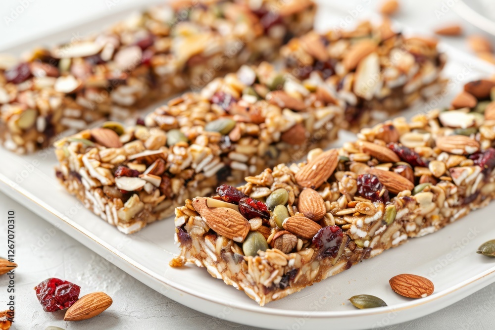 Nutty granola bars on white surface. Artificial intelligence image Nutty granola bars on white surface. Artificial intelligence image