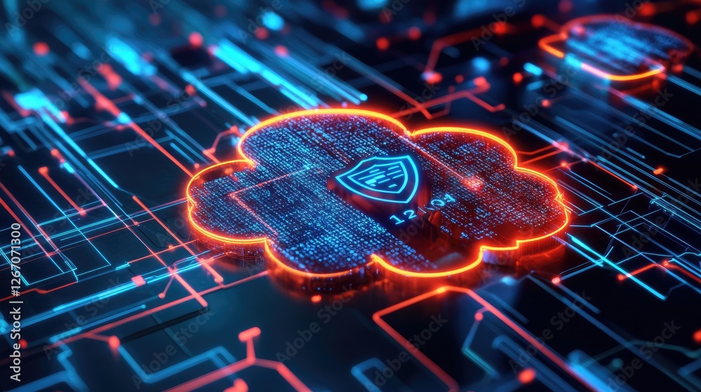 A concept of a secure data cloud with shield icons and network connections, representing cybersecurity. A concept of a secure data cloud with shield icons and network connections, representing cybersecurity.
