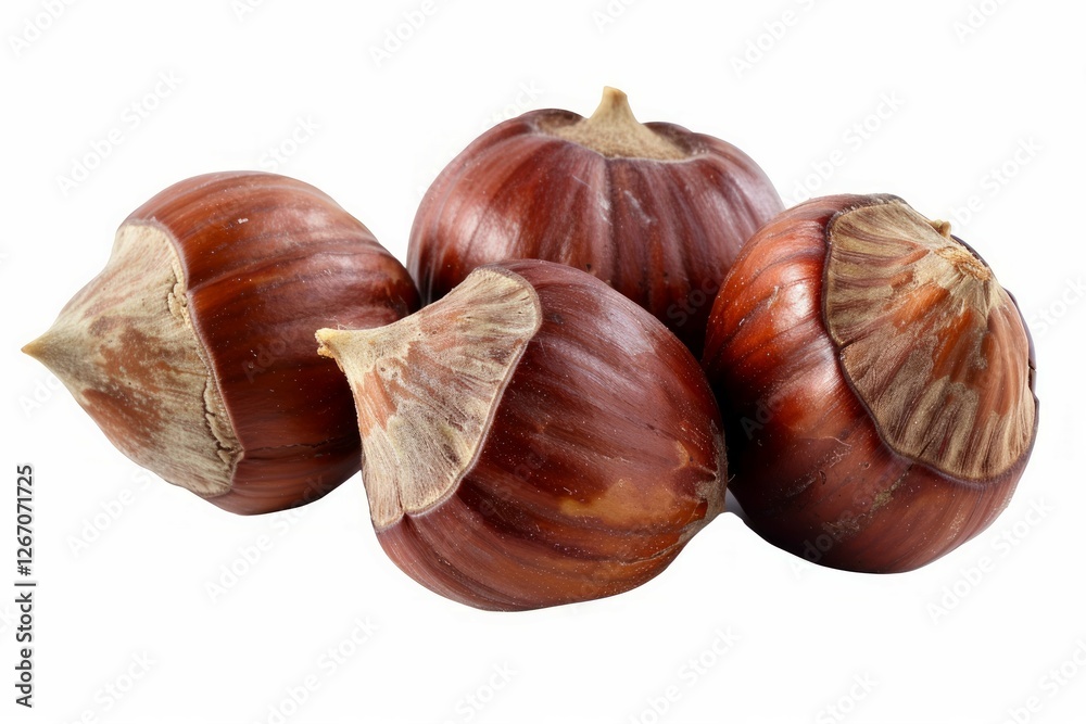 Close-up of hazelnuts on solid white background. Artificial intelligence image Close-up of hazelnuts on solid white background. Artificial intelligence image