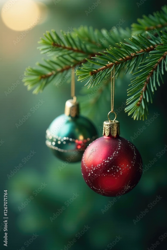 Delicate glass ornaments hanging from a fragrant fir branch, pine, branch Delicate glass ornaments hanging from a fragrant fir branch, pine, branch