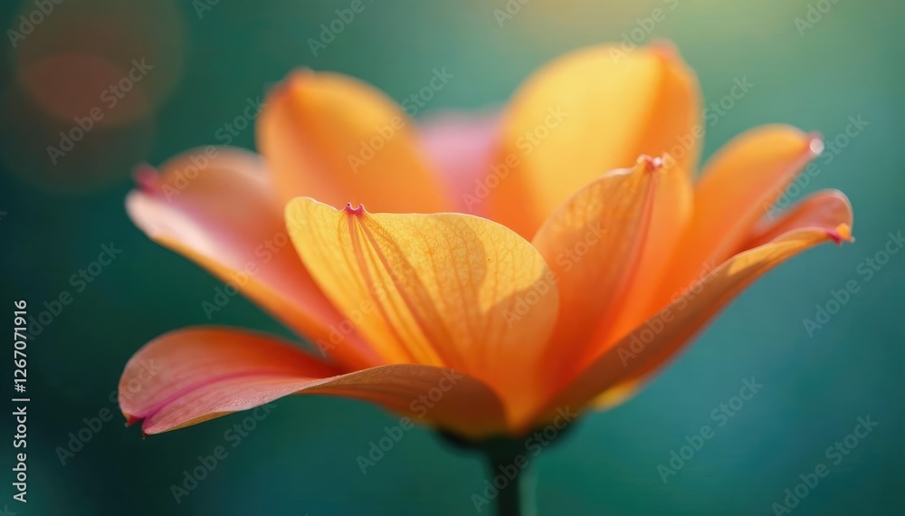 Fototapeta premium Delicate orange flower petals unfurl on a calm blue canvas, garden, soft focus, floral