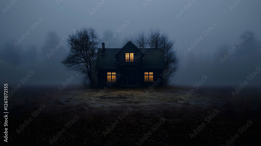 Foggy night, lone house, field, mystery Foggy night, lone house, field, mystery
