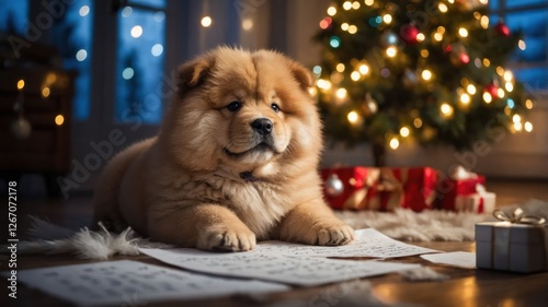 A cute chow chow puppy lying on the floor with Christmas decorations and gifts around.