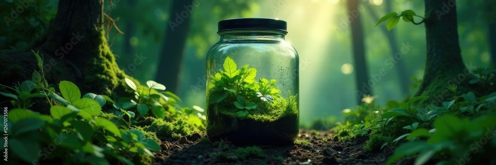 Dense forest atmosphere inside a glass container, humid climate Dense forest atmosphere inside a glass container, humid climate