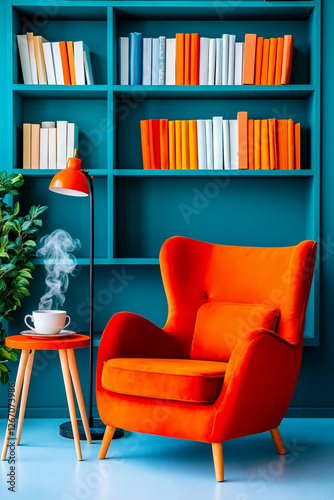 Wallpaper Mural A red chair sitting next to a blue book shelf filled with books Torontodigital.ca