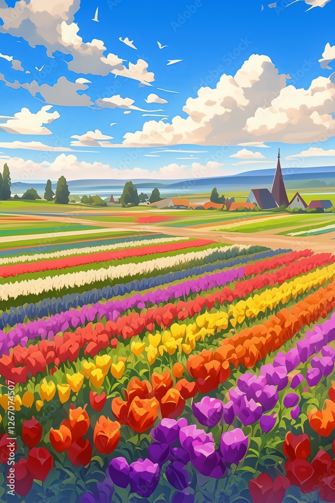 A vibrant tulip field with rows of colorful flowers in cel shading style