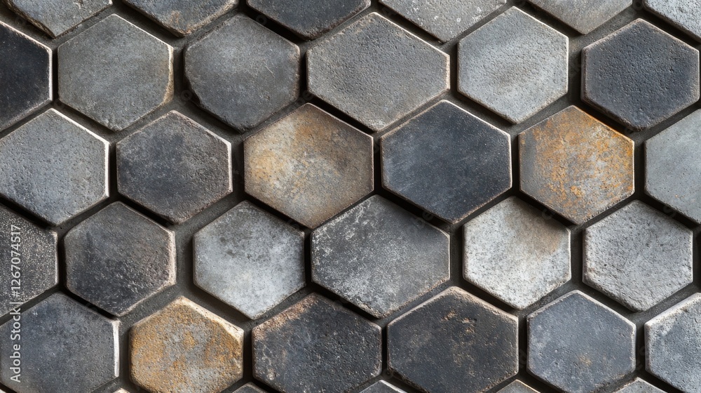 Distressed metallic hexagon tiles arranged in a geometric pattern Distressed metallic hexagon tiles arranged in a geometric pattern
