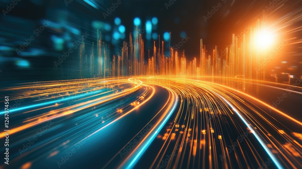 Obraz premium A futuristic line graph with light trails and dynamic motion, symbolizing market acceleration and business evolution.