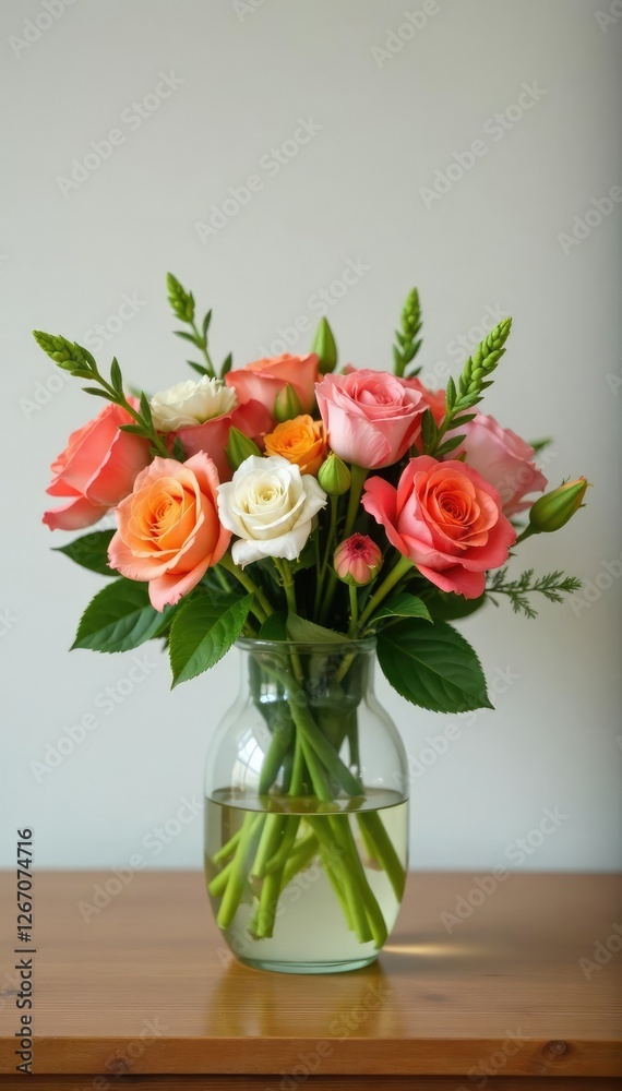 Fresh floral garland placed in a elegant glass vase on a wooden table, simple, decorative Fresh floral garland placed in a elegant glass vase on a wooden table, simple, decorative