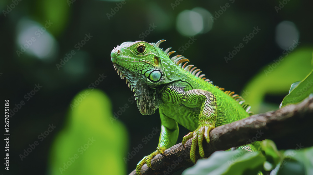 vibrant green iguana perched on branch, showcasing its unique features and scales in lush environment vibrant green iguana perched on branch, showcasing its unique features and scales in lush environment