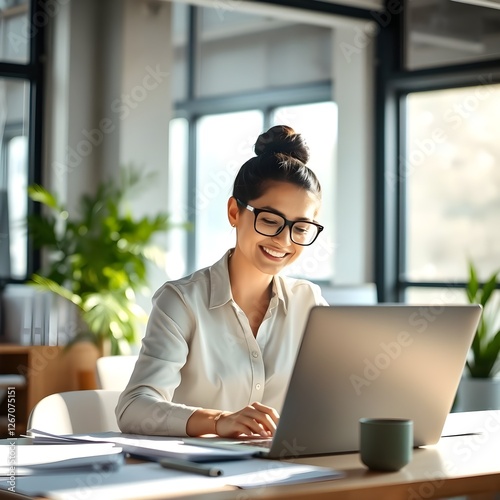 Una hermosa oficinista latina trabajando en la oficina. Tiene el pelo recogido, usa gafas, sonríe y mira su computadora portátil.