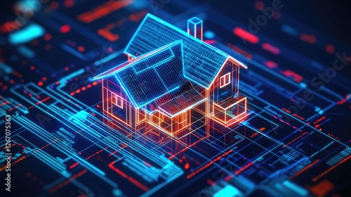 A glowing futuristic hologram of a house appearing above financial data, symbolizing smart real estate planning.